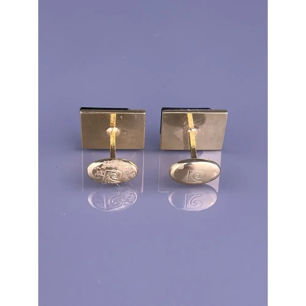Square Lined Cufflinks Gold Tone Black Triangles Simple Pierre Cardin Vintage